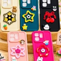 infinix & tecno Max  3D charm silicone phone case features a cute molded white bunny face and a large red flower centerpiece.