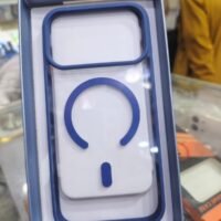 iPhone MagSafe-compatible clear bumper case featuring a striking navy blue contrast frame and integrated magnetic array (All modal avelebal)
